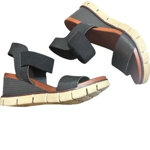 MIA Black and Tan Elastic Wedge Sandals